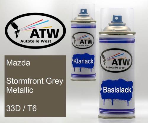 Mazda, Stormfront Grey Metallic, 33D / T6: 400ml Sprühdose + 400ml Klarlack - Set, von ATW Autoteile West.